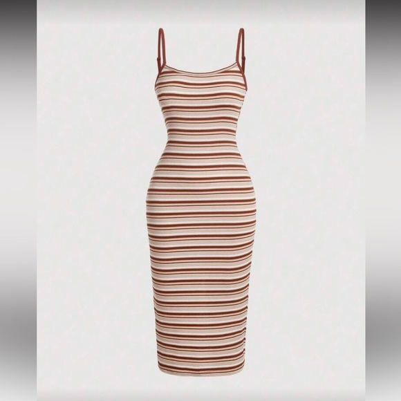 Dresses & Skirts - Striped Bodycon Midi Dress in Brown and Cream
